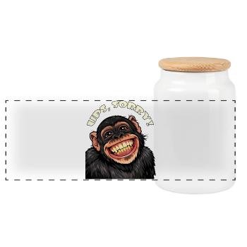 Ups, Sorry! Lustiger grinsender Cartoon Affe - Panorama Keksdose mit Holzdeckel - Weiß - Vorne