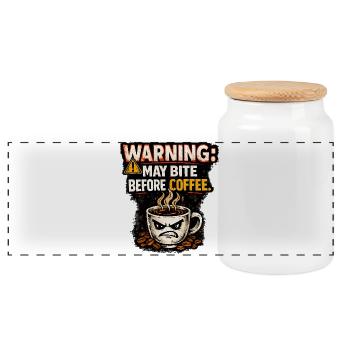 Warning May Bite Before Coffee Humor - Panoramic Cookie Jar with Wooden Lid - white - Front