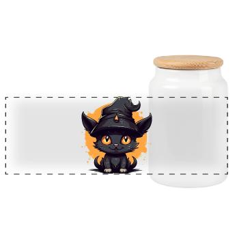 Hexenkatze im Halloween-Look - Katze - Panorama Keksdose mit Holzdeckel - Weiß - Vorne