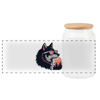 Loup chic au soleil et lunettes - Boîte à biscuits avec couvercle en bois - blanc - Devant