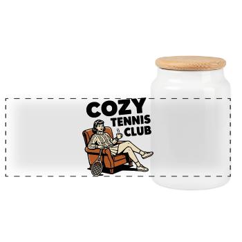 Cozy Tennis Club, Stylish Tennis Fan Pullover Hoodie - Panoramic Cookie Jar with Wooden Lid - white - Front