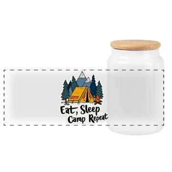 Camping, Spruch Spruch Eat Sleep Camp, Repeat Camper Outdoo - Boîte à biscuits avec couvercle en bois - blanc - Devant