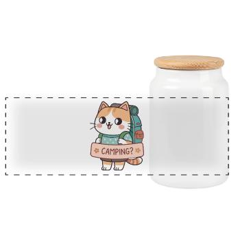Chat Campeur Kawaii - Boîte à biscuits avec couvercle en bois - blanc - Devant