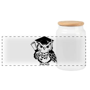 Clever owl with a doctor's hat and diploma - Panoramic Cookie Jar with Wooden Lid - white - Front