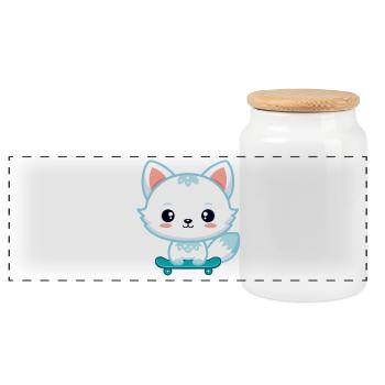 Kawaii Fox on Skateboard - Panoramic Cookie Jar with Wooden Lid - white - Front