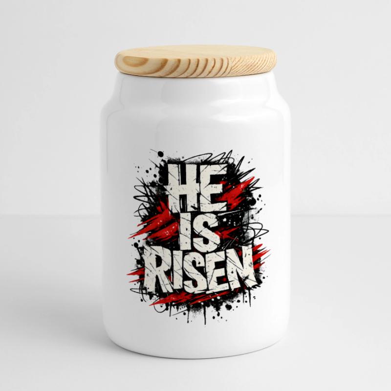 He is Risen Jesus Easter Panoramic Cookie Jar with Wooden Lid