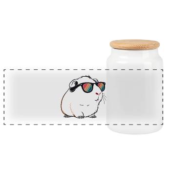 Meerkaninchen mit Retro-Sonnenbrille - Panorama Keksdose mit Holzdeckel - Weiß - Vorne