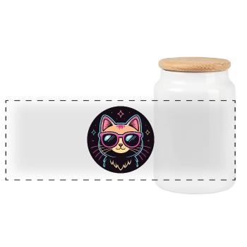 Cat Cartoon Neon Pink Glasses - Panoramic Cookie Jar with Wooden Lid - white - Front