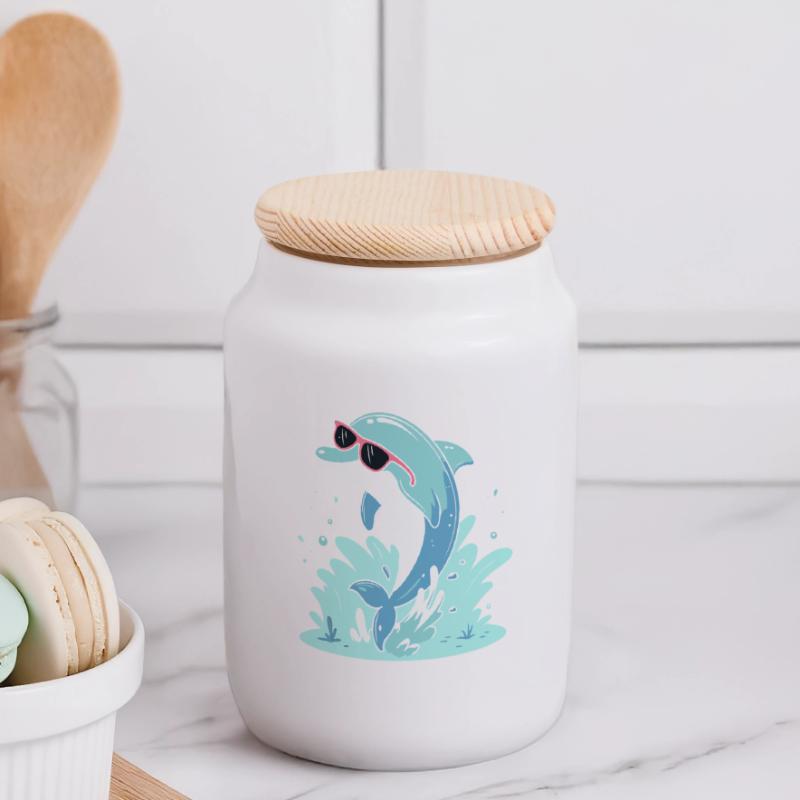 Dolphin Summer Pink Glasses Panoramic Cookie Jar with Wooden Lid