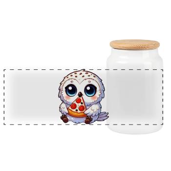 Cute snowy owl with pizza cartoon fast food - Panoramic Cookie Jar with Wooden Lid - white - Front