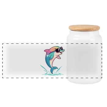Rainbow dolphin in glasses - Panoramic Cookie Jar with Wooden Lid - white - Front