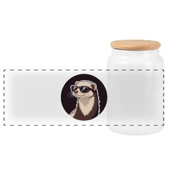 Cool Ferret – Abzeichen & Sonnenbrille - Panorama Keksdose mit Holzdeckel - Weiß - Vorne