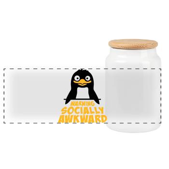 Penguin Warning Socially Awkward Funny Clumsy - Panoramic Cookie Jar with Wooden Lid - white - Front