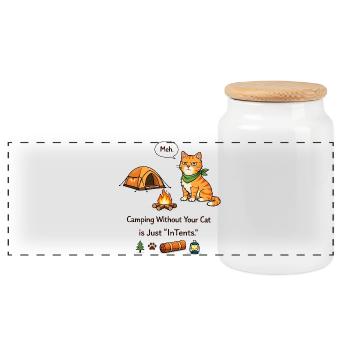 Tentbound Cat Campfire Meme - Panoramic Cookie Jar with Wooden Lid - white - Front
