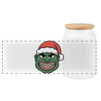 Green Santa Braces Grin - Panoramic Cookie Jar with Wooden Lid - white - Front