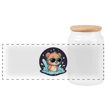Schicker Surferbär mit blauer Brille - Panorama Keksdose mit Holzdeckel - Weiß - Vorne