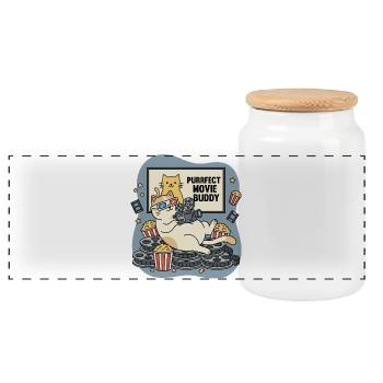 Purrfect Movie Buddy: Cats Cinema Fun - Panoramic Cookie Jar with Wooden Lid - white - Front