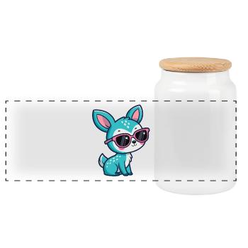 Kawaii Turquoise Doe in Pink Glasses - Panoramic Cookie Jar with Wooden Lid - white - Front