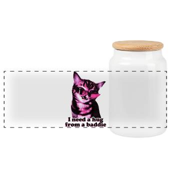 I Need A Hug From A Baddie Funny Cool Cat Meme - Panoramic Cookie Jar with Wooden Lid - white - Front