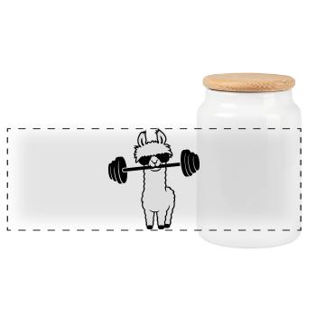 Cool Llama Weightlifting Barbell Sunglasses Gym - Panoramic Cookie Jar with Wooden Lid - white - Front