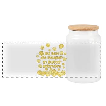 Du bist Neugier in Butter gebraten - Panorama Keksdose mit Holzdeckel - Weiß - Vorne