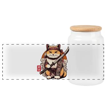 Samurai Cat with Sword Funny For Cats Lover - Panoramic Cookie Jar with Wooden Lid - white - Front