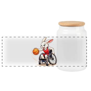 Basket en fauteuil roulant Bunny Sport Fun Design - Boîte à biscuits avec couvercle en bois - blanc - Devant