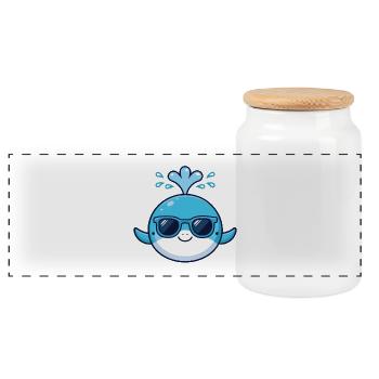 Stylish blue whale with glasses - Panoramic Cookie Jar with Wooden Lid - white - Front