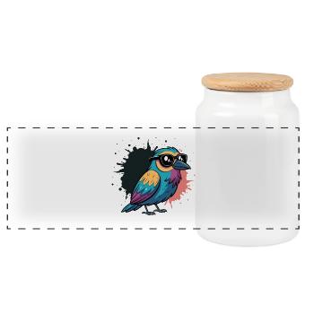 Farbenfroher Vogel-Cartoon mit Brille - Panorama Keksdose mit Holzdeckel - Weiß - Vorne