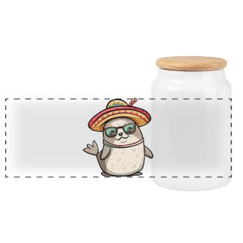 Seal Animal Funny Sombrero - Panoramic Cookie Jar with Wooden Lid - white - Front