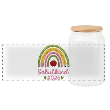 Schulkind 2026 Regenbogen - Panorama Keksdose mit Holzdeckel - Weiß - Vorne