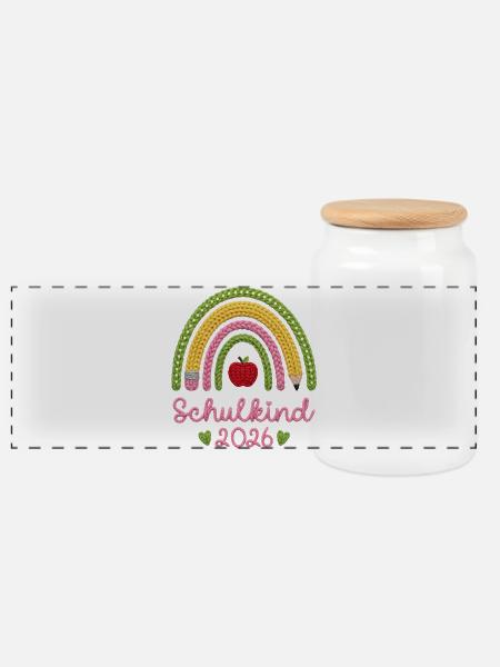 Schulkind 2026 Regenbogen - Panorama Keksdose mit Holzdeckel - Weiß