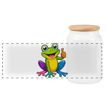 Colorful Frog Cartoon Thumbs Up Funny Animal - Panoramic Cookie Jar with Wooden Lid - white - Front