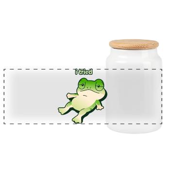 Rana stanca 🐸 "i tried" minimal ironic meme - Panoramic Cookie Jar with Wooden Lid - white - Front