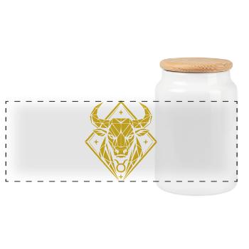 Geometric Bull – Stärke pur - Sternzeichen Stier - Panorama Keksdose mit Holzdeckel - Weiß - Vorne