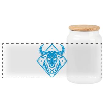 Geometric Bull – Stärke pur - Sternzeichen Stier - Panorama Keksdose mit Holzdeckel - Weiß - Vorne