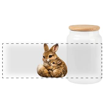 Hare hug mother and cub - Panoramic Cookie Jar with Wooden Lid - white - Front