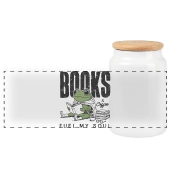 Frog reading book with coffee bookworm reading - Panoramic Cookie Jar with Wooden Lid - white - Front