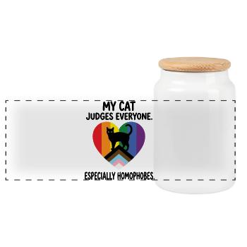 Pride Month LGBT -  My Cat Judges Everyone - Panoramic Cookie Jar with Wooden Lid - white - Front