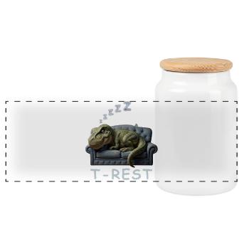 T-Rest Dino auf Sofa - Panorama Keksdose mit Holzdeckel - Weiß - Vorne
