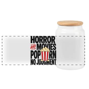 Horror Movies Popcorn Judgment - Panoramic Cookie Jar with Wooden Lid - white - Front