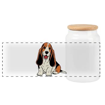 Basset-Hound_Hund_sitzendd_farbig - Panorama Keksdose mit Holzdeckel - Weiß - Vorne