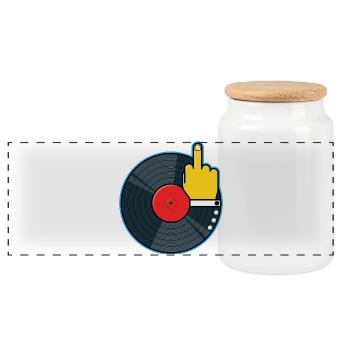 Vinyl Album with Hand Showing Middle Finger - Panoramic Cookie Jar with Wooden Lid - white - Front