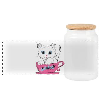 Purrfect Cat in Pink Tea Cup - Panoramic Cookie Jar with Wooden Lid - white - Front