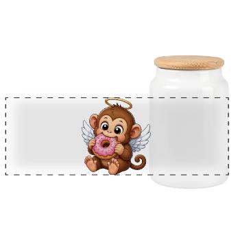 Cute Monkey Chimpanzee Angel Donut Snacking Cartoon - Panoramic Cookie Jar with Wooden Lid - white - Front