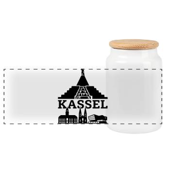 Kassel Wahrzeichen Silhouette - Panorama Keksdose mit Holzdeckel - Weiß - Vorne