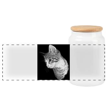 Cat silhouette in black and white - Panoramic Cookie Jar with Wooden Lid - white - Front
