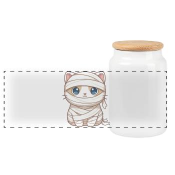 Cat as mummy on Halloween - Panoramic Cookie Jar with Wooden Lid - white - Front