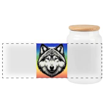 Wolf - Panoramic Cookie Jar with Wooden Lid - white - Front