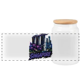 Singapur Neon Skyline & Merlion - Panorama Keksdose mit Holzdeckel - Weiß - Vorne